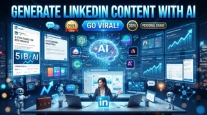 Illustration showing how to generate LinkedIn content with AI using ChatGPT, Jasper AI, Copy.ai, Grammarly, Canva AI, Adobe Express AI, and Gamma AI.
