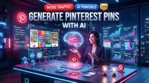 Illustration showing how to generate Pinterest Pins with AI using Canva AI, ChatGPT, Adobe Express AI, Leonardo AI, Ideogram, Microsoft Designer, and Tailwind.