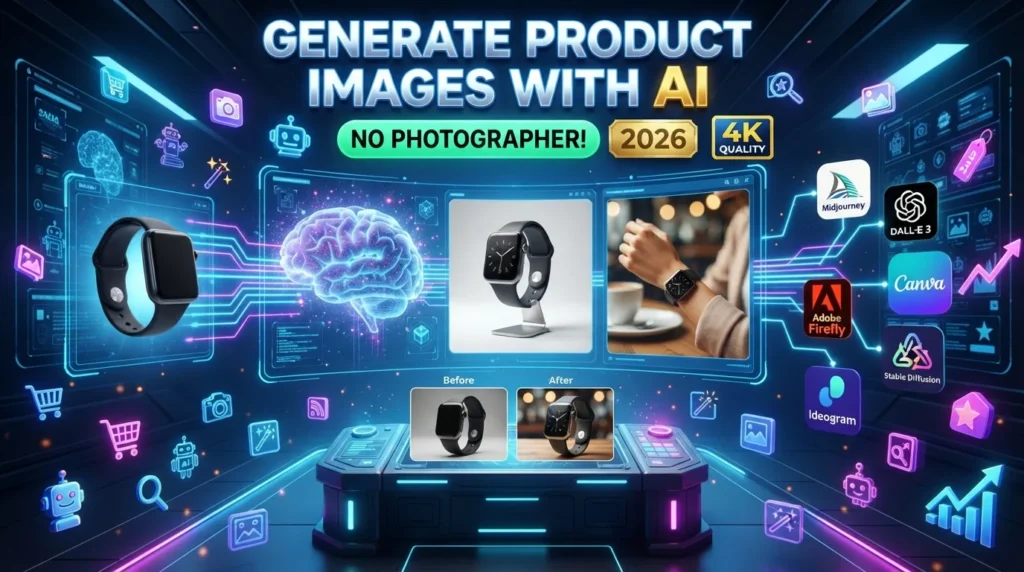 AI generating realistic product images using Midjourney, DALL·E, Leonardo AI, Adobe Firefly, Canva AI, Ideogram, and Stable Diffusion.