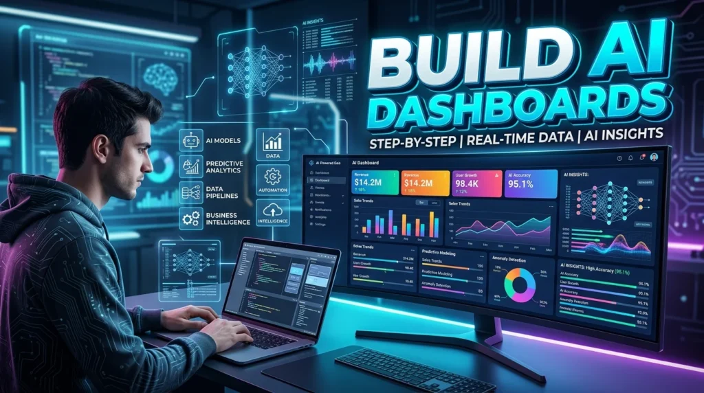 AI dashboard displaying real-time analytics, KPI cards, charts, and predictive insights on a modern business intelligence interface.