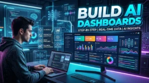 AI dashboard displaying real-time analytics, KPI cards, charts, and predictive insights on a modern business intelligence interface.
