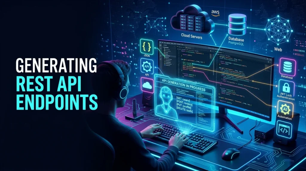 Developer building REST APIs using AI coding assistants and automation tools