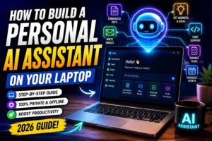 Person using a laptop to build a personal AI assistant with dashboards, code editor, and AI workflow automation.