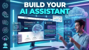 AI website assistant chatbot helping visitors through a modern website interface with intelligent customer support.