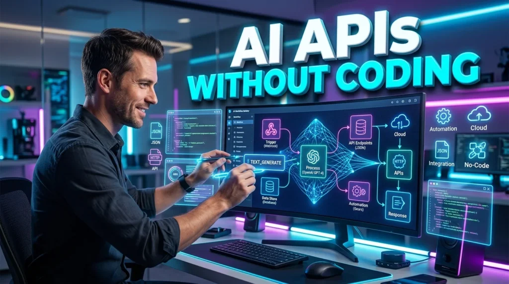 No-code AI API builder interface showing workflow automation, API endpoint creation, and AI integrations.