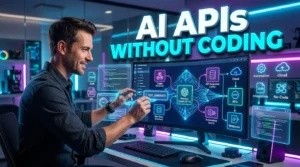 No-code AI API builder interface showing workflow automation, API endpoint creation, and AI integrations.