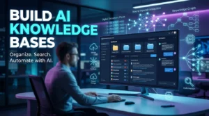 AI knowledge base dashboard showing semantic search, organized documentation, and intelligent document retrieval.