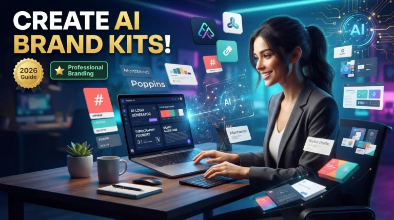 Entrepreneur creating a professional AI brand kit with logo, color palette, typography, and branding assets