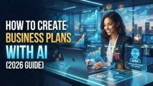 Entrepreneur using AI software on a laptop to create a professional business plan with financial charts and market analysis.