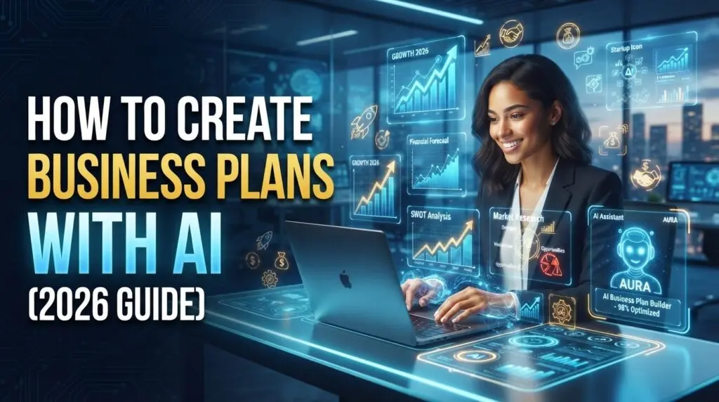 Entrepreneur using AI software on a laptop to create a professional business plan with financial charts and market analysis.