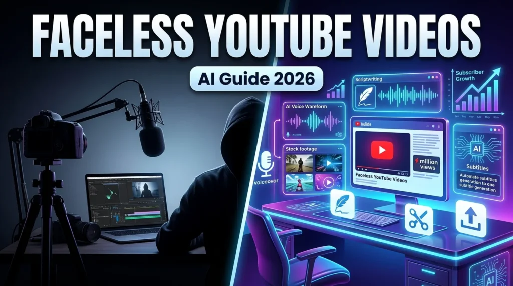 Creator producing a faceless YouTube video using AI tools, voiceover software, and video editing on a computer.