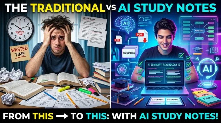 Student using AI to create organized study notes from lecture slides on a laptop