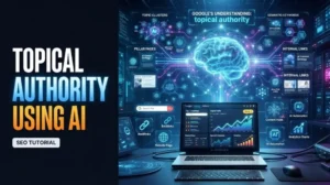 Illustration of AI organizing topic clusters, semantic keywords, and internal links to build topical authority for SEO.