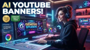 AI-powered YouTube channel art creator designing a professional banner with branding elements, typography, and futuristic graphics.