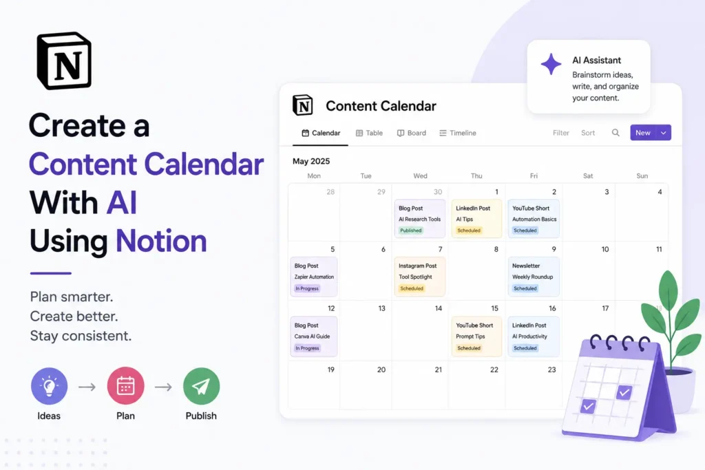 Notion AI content calendar showing planned blog, social media, video, and email content.