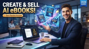 Creator using AI tools to write, design, and sell a professional eBook online