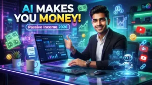 Person earning passive income with AI using laptop, automation tools, and digital products