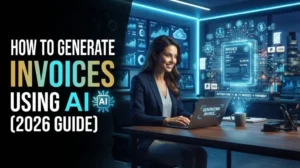 Business owner generating professional invoices using AI invoice software on a laptop.