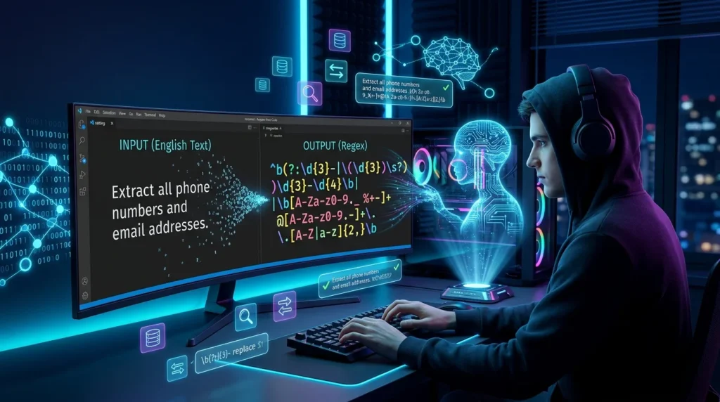 Developer generating regular expressions with AI using a coding assistant