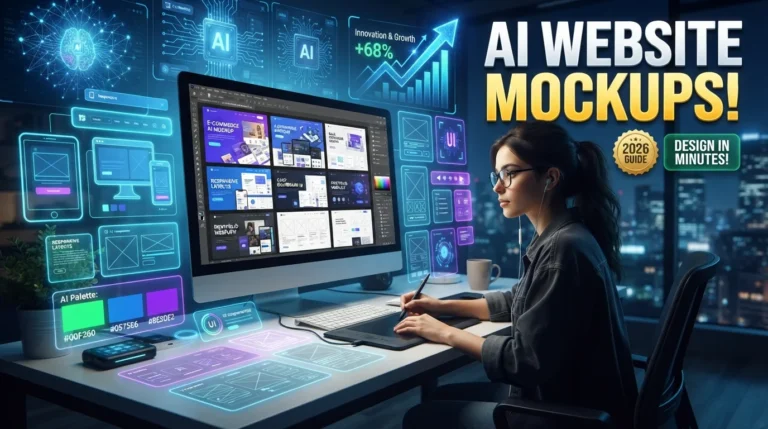 Designer creating AI-generated website mockups with responsive web layouts and modern UI design tools