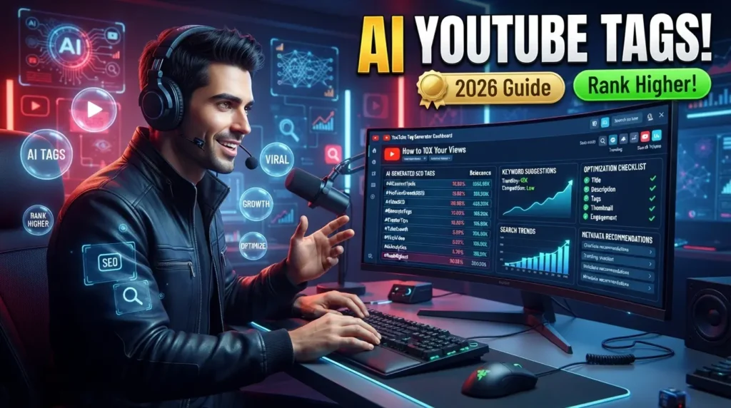 AI-powered YouTube tag generator displaying SEO keyword suggestions, video metadata, search trends, and optimization analytics.