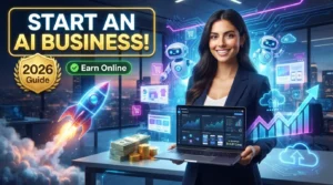 Entrepreneur launching an AI-based online business using AI tools, automation, and digital marketing