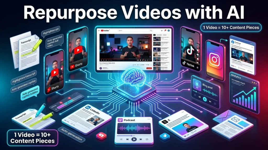 AI repurposing a long video into YouTube Shorts, blog posts, social media clips, and podcasts.