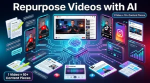 AI repurposing a long video into YouTube Shorts, blog posts, social media clips, and podcasts.