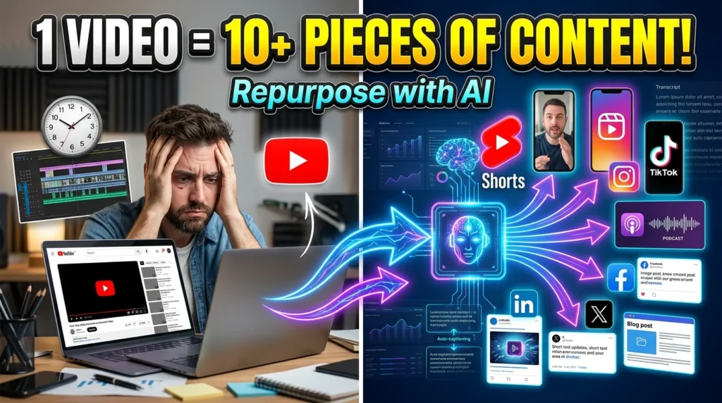 AI repurposing a long-form video into YouTube Shorts, Instagram Reels, TikTok videos, blog posts, podcasts, and social media content