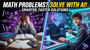 Student solving math problems using AI on a laptop with equations and graphs