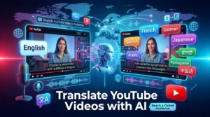 AI translating a YouTube video into multiple languages with subtitles and voice dubbing.