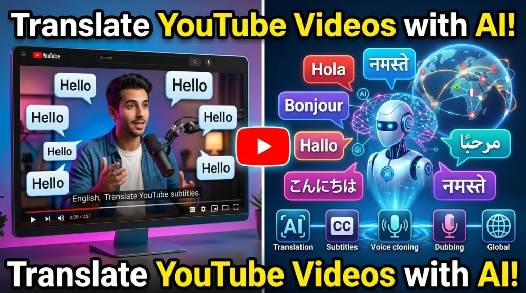 AI translating a YouTube video into multiple languages with subtitles and AI-generated voiceovers
