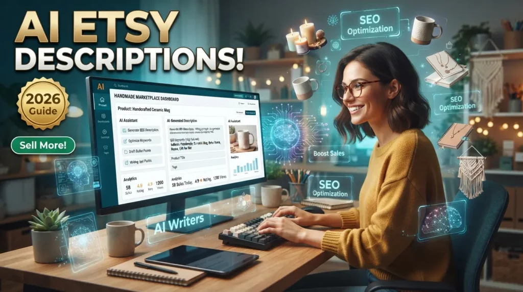 AI-powered Etsy seller creating SEO-friendly product descriptions for handmade products with keyword optimization and sales analytics.