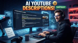 AI-powered YouTube video description generator showing SEO keywords, timestamps, hashtags, and content optimization suggestions.