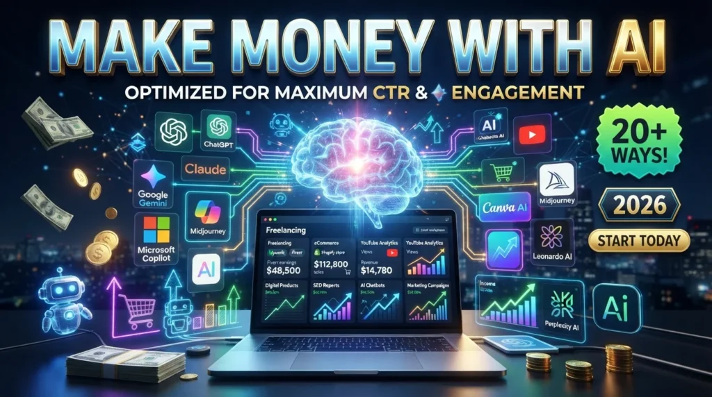 Person using AI tools like ChatGPT, Midjourney, Canva AI, Microsoft Copilot, and Google Gemini to earn money online through freelancing and digital businesses.