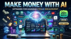 Person using AI tools like ChatGPT, Midjourney, Canva AI, Microsoft Copilot, and Google Gemini to earn money online through freelancing and digital businesses.