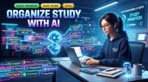 Student organizing study materials using ChatGPT, Notion AI, Google NotebookLM, Quizlet AI, and Microsoft Copilot on a laptop.