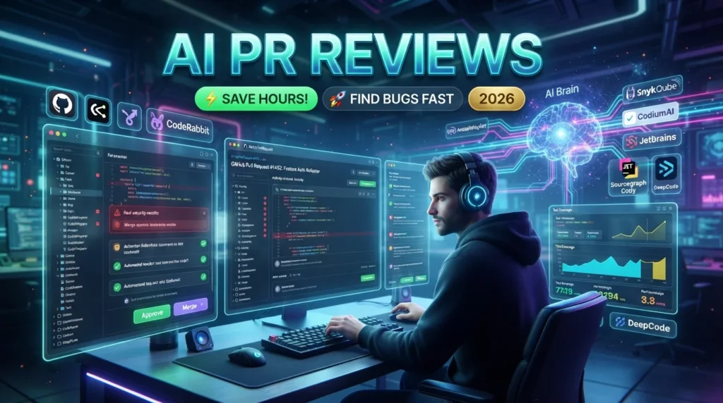Developer reviewing pull requests with AI tools including GitHub Copilot, Cursor AI, CodeRabbit, SonarQube, and Snyk Code.