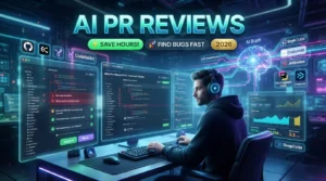 Developer reviewing pull requests with AI tools including GitHub Copilot, Cursor AI, CodeRabbit, SonarQube, and Snyk Code.