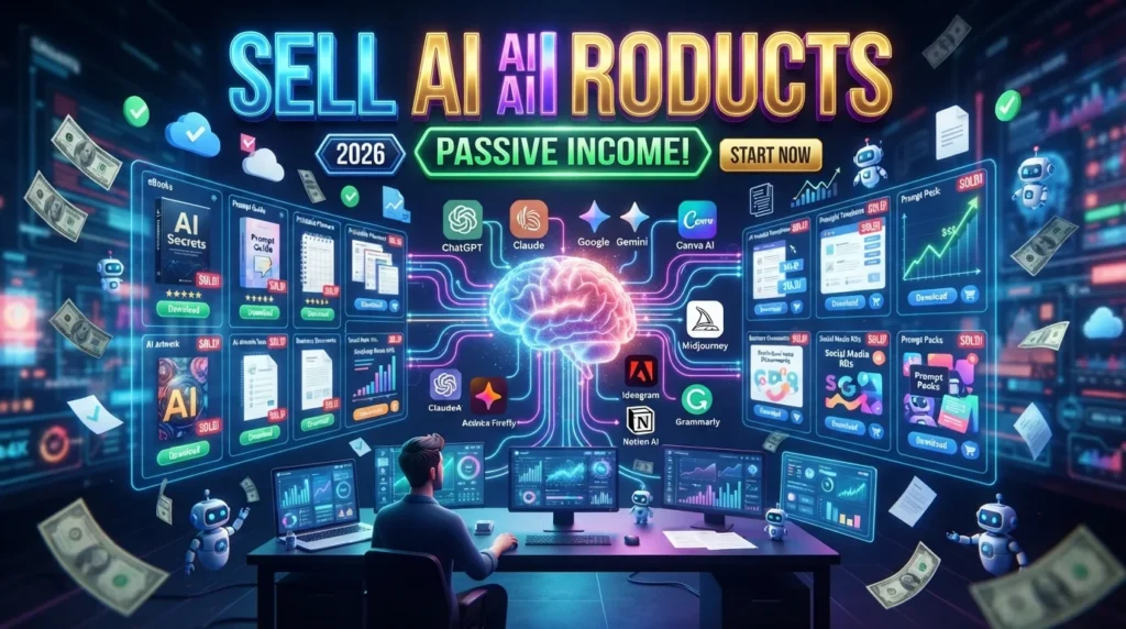 Entrepreneur creating and selling AI-generated digital products using ChatGPT, Canva AI, Midjourney, Leonardo AI, Adobe Firefly, and Notion AI.