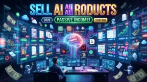 Entrepreneur creating and selling AI-generated digital products using ChatGPT, Canva AI, Midjourney, Leonardo AI, Adobe Firefly, and Notion AI.