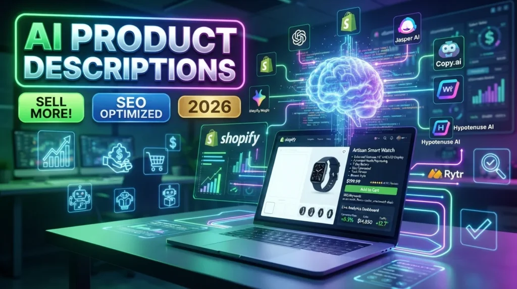 AI generating SEO-friendly Shopify product descriptions using ChatGPT, Shopify Magic, Jasper AI, Copy.ai, Writesonic, Hypotenuse AI, and Rytr.