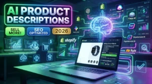 AI generating SEO-friendly Shopify product descriptions using ChatGPT, Shopify Magic, Jasper AI, Copy.ai, Writesonic, Hypotenuse AI, and Rytr.