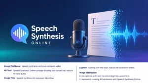 Abstract glowing sound wave forming from text for Speech Synthesis AI voiceover creation.
