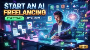 Freelancer using AI tools including ChatGPT, Claude, Google Gemini, Microsoft Copilot, Canva AI, Midjourney, and Leonardo AI to manage projects and grow an online business.