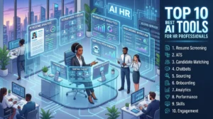 HR professionals using AI tools for recruitment, resume screening, employee onboarding, talent management, and HR automation in a modern workplace.