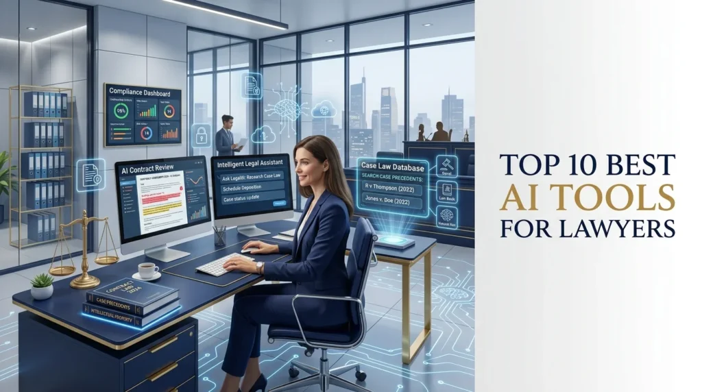 Lawyer using AI legal software for contract review, legal research, case analysis, and document drafting on a modern digital workstation.