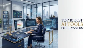 Lawyer using AI legal software for contract review, legal research, case analysis, and document drafting on a modern digital workstation.
