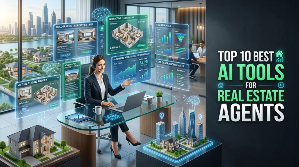 Real estate agent using AI software for property marketing, virtual staging, CRM, lead generation, and home valuation on a modern digital workspace.