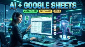 Illustration showing AI connected to Google Sheets for data analysis, workflow automation, content generation, reporting, and spreadsheet management.